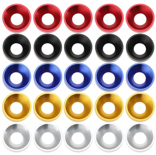 SG Store Lot de 25 rondelles à tête fraisée M5 x 12 x 3 mm en alliage d'aluminium Joints colorés Contient 5 pièces de chacune en noir/rouge/bleu/argent/or pour accessoires de vis de meubles de voiture