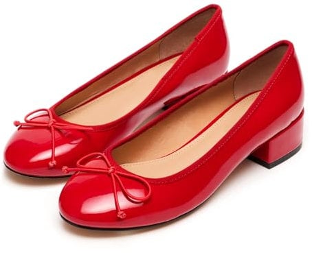 MIRAAZZURRA Pumps Women's Block Heel Round Toe Ballet Flats Women's Ballet Pumps with Bow Round Toe Block Heeled Pump Low Heel Slip On Shoes for Leisure Fashion Casual Business Work, red, 6 UK