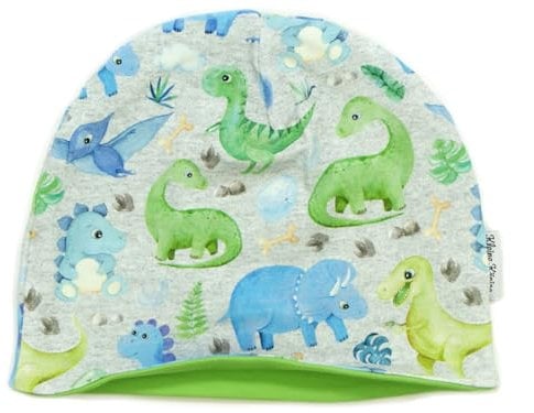 Kleine Könige Mütze Kinder Jungen Beanie · Modell Dinosuarier Little Dino grau, Lemon · Ökotex 100 Zertifiziert · Größe 98/104 (KU 47-50)