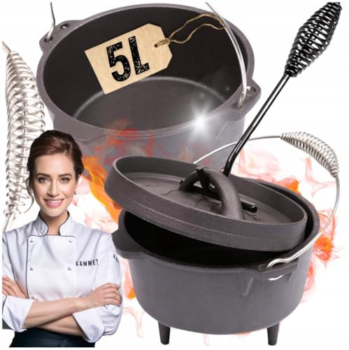 Gusseisen-Kessel Feuerkessel Feuertopf Gusstopf Topf Füßen mit Deckel BBQ 5 L