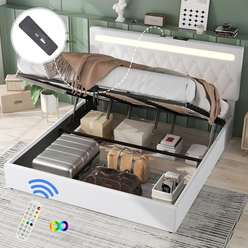Dolamaní Doppelbett 180x200 cm, Boxspringbett mit großer Stauraum Bettkasten, Bett kann angehoben, Polsterbett, Funktionsbett, Weiß
