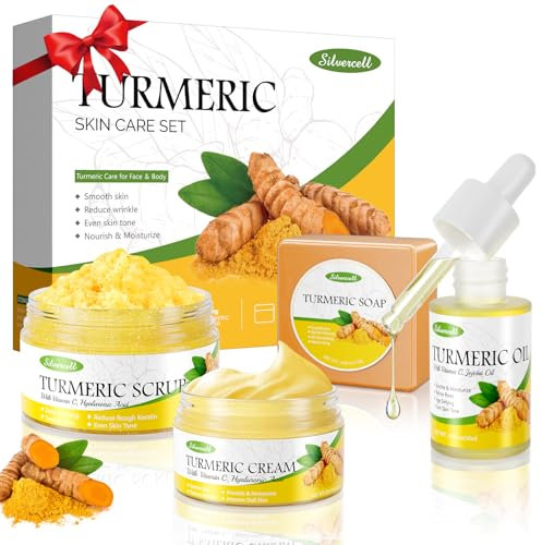 Weixinbuy Turmeric Skin Care Gift Set - Even Tone with Vitamin C, 4 In 1 Skincare Set Include Turmeric Soap, Scrub, Face Cream, Oil - Face Moisturizer for Women