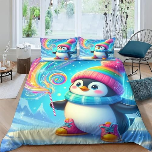 Bettwäsche 3-Teiliges Set Mit Reißverschluss, Weich Glatt Mikrofaser 3D Print Bettbezug 2 Kissen Shams Tier Pinguin - Hypoallergene Tagesdecke - Für Erwachsene Und Kinder 135X200 cm -963741142