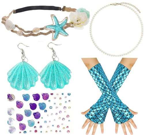 XINDY Meerjungfrau Kostüm Damen Mädchen, Meerjungfrau Haarreif Meerjungfrau Haarschmuck Muschel Ohrringe Perlenkette Handschuhe Meerjungfrau Accessoires Damen Fisch Kostüm Fasching Karneval Kostüm
