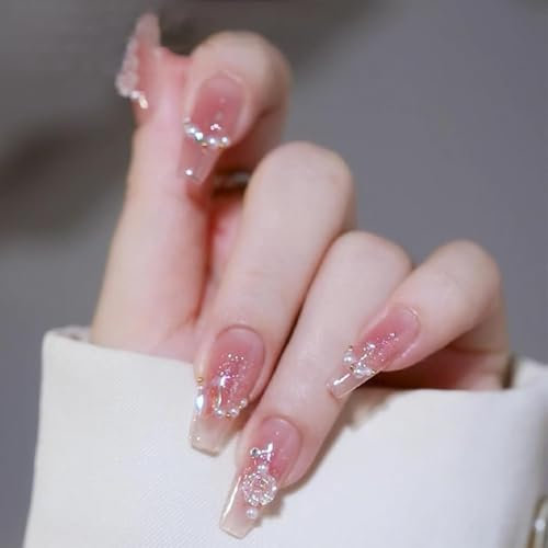 24pcs Long Press On French Tip False Nails - Ice-Soaked Blush Camellia Design - Elegant Coffin Shape - Luxurious French Ballet Style