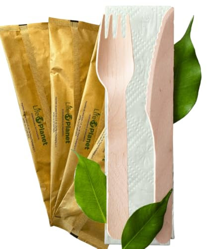 LIFE PLANET 400 Bis Posate Usa e getta Imbustate in legno, Posate Biodegradabili e Compostabile, Con Salvietta, Forchetta e coltello