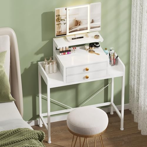 HIGDBFE Vanity Desk with Mirror and Lights, 28.4''W Small Makeup Vanity Table with Height-Adjustable Stand, 2 Fabric Drawers Compact Makeup Desk, Gift for Girls, Bedroom Small Space, White