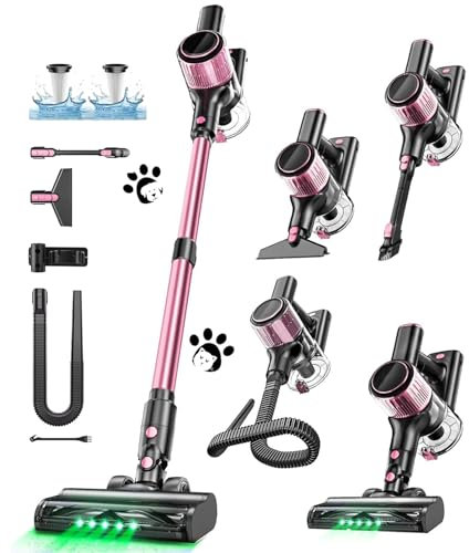 Cordless Vacuum Cleaner, 10 in 1 Stick Vacuum with Powerful Suction, Hose, Green LED Light, Anti-Tangle Brush, Lightweight Rechargeable Vacuum Cleaner for Home, Hardwood Floors, Carpets, Pet Hair,Pink