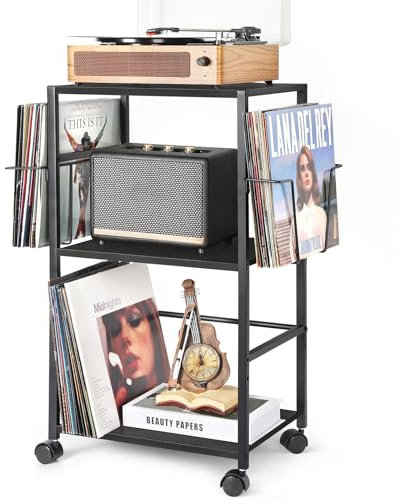 Bikoney Mobile Giradischi con 2 Espositori per Vinili e Tavolino Laterale – Supporto per Giradischi e Contenitore per Fino a 150 Dischi in Vinile per Soggiorno o Camera da Letto – Nero
