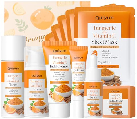 QUIYUM Kurkuma Vitamin C Hautpflege Geschenksets, 11-teilig Feuchtigkeitsspendende Gesichtspflege,mit Reiniger, Toner, Serum, Augencreme, Feuchtigkeitscreme, handgemachter Seife,Gesichtsmaske