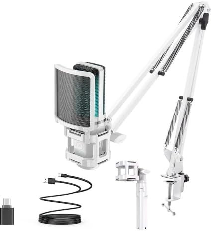 JQVDE Microphone de Jeu à condensateur Blanc avec Bras articulé, idéal for l'enregistrement, Le podcasting et Le Streaming sur PC et Mac.
