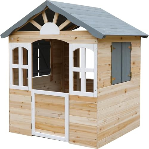 dobar® Kinder-Spielhaus aus Holz mit Fenster und Türen - Spielhaus Outdoor Bausatz mit einfachem Aufbau - Kinderhaus für Garten - Anthrazit - 115 x 102 x 125 cm