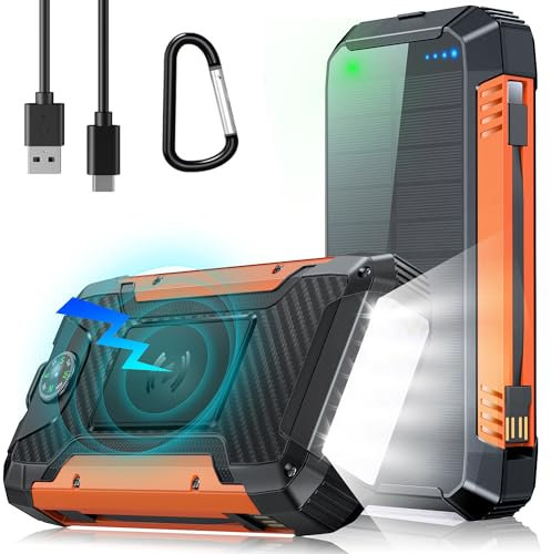 Batterie Externe Solaire 49800 mAh, PD 30 W USB C, Charge Rapide avec 2 câbles, 3 Ports (2 USB et 1 Type-c), Chargeur sans Fil 15 W, voyants Lumineux LED, Lampe de Poche