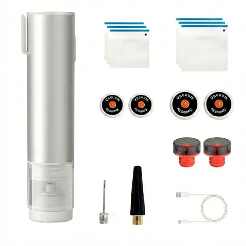 QUMOX Handheld Vacuum Sealer Pump Kit, Rechargeable Electric Vacuum, Silver | Seal jars, vacuum bags and compatible food containers, preserve opened wine with stoppers.