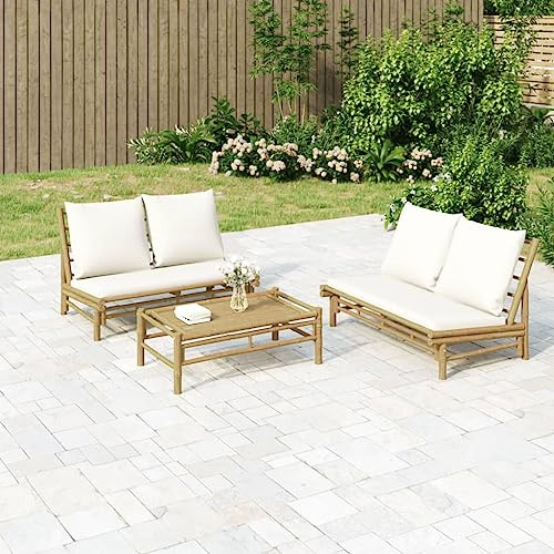 QJBSAVVA Salon de jardin en bambou avec coussins blanc crème 2 pièces Table basse 100 x 55 cm Banc 115 x 85 cm Robuste et peu encombrant pour balcon, terrasse et jardin