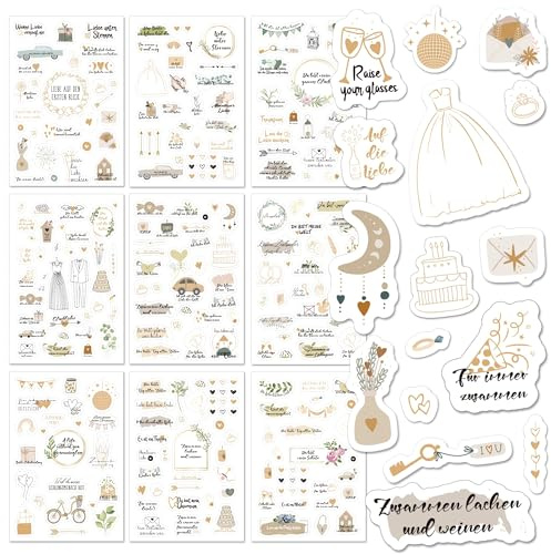 BIROYAL Aufkleber Hochzeit Gästebuch (200+ Motive), Sticker Hochzeit für Fotoalbum, 9 Blatt Hochzeitssticker für Bullet Journal, Vintage Hochzeitsdeko, Wedding Scrapbook Deko mit viel Liebe