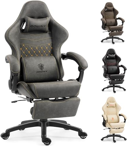 Dowinx Gaming Stuhl ergonomisch mit zweistufig ausziehbarer Fußstütze, Massage-Lendenkissen, Gaming Chair mit Bürokomfort für langes Sitzen, bis 200 kg belastbar, Rückenlehne 165°, Grau