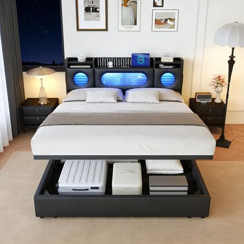 BRILVERDE Polsterbett 140x200 mit Stauraum, Doppelbett mit LED und USB, Jugendbett mit Kopfteil, Hydraulisch Stauraumbett, Bettgestell mit Lattenrost, Funktionsbett, PU (Schwarz, 140 x 200 cm)