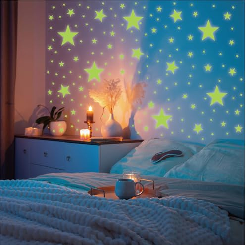 Glow in The Dark Stars Decals Wallpaper Aesthetic Decor for Adults for Living Room,Glass Doors Windows,Kitchen,DIY Bedroom,Nursery,Bathroom,Playroom,149 PCS 3D Stars Wall Stickers Decoration