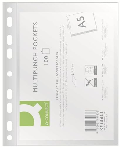 Q-Connect KF15633 Prospekthülle/Klarsichthüllen Glasklar A5-100 Stück/Oben Offen Klarsichthüllen Sicht-Hüllen Plastikhülle/Transparent 50 mikron