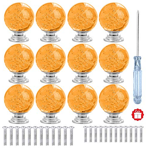 ANJUU 12 Pcs 30mm Round Shape Bubble Crystal Glass Cabinet Knobs with Screws Drawer Knob Pull Handle Used for Kitchen, Dresser, Door, Cupboard (Amber)