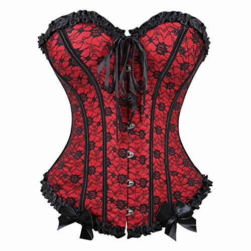 Josamogre Black and Red Corset Bustier Top Overbust Womens Floral Lace Trim Satin Plus Size Cosplay Costume Renaissance M