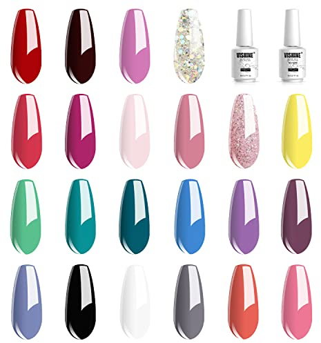 Vishine 24 PCS Soak Off UV Led Gel Nail Polish Plain Range - 22 Color Gel Polish & No Wipe Base and Top Coat Starter Gel Nail 02