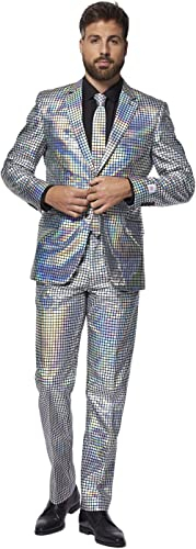 OppoSuits Silberner Anzug für Herren, Silvesterparty, holografisches Karomuster, Silber, inklusive passender Jacke, Hose und Krawatte, Discoballer, 54