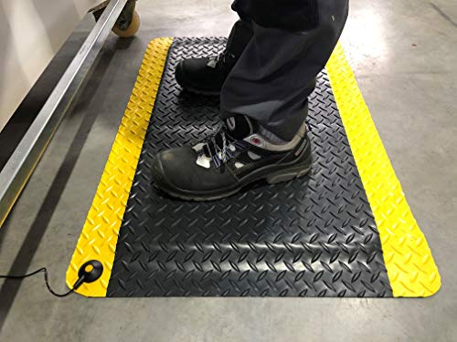 DUPLEX Pro ESD | ESD-Arbeitsplatzmatte mit 2 x Druckknopf + Erdungskabel |2-lagig + leitfähig | Made in GERMANY | Rautenprofil |14 mm hoch (60cm x 120cm, Schwarz/Gelb)