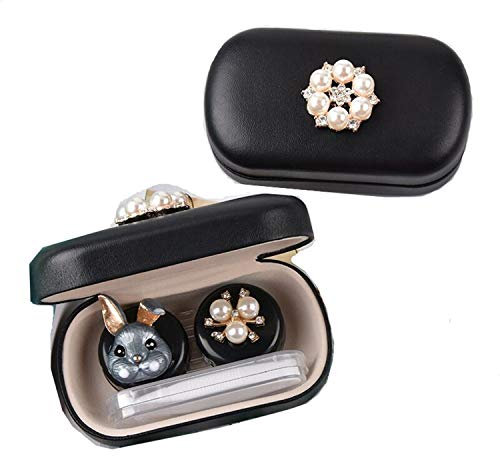 PU Leather Contact Lens Case Cute Pearl Cartoon Portable Travel Contact Lens Case Box Eye Care Kit Holder Mirror Box (Black)