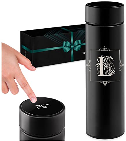 Maverton Thermobecher Kaffeebecher 450 ml - Isolierbecher personalisiert - 100% dicht - Led Temperatur Anzeige - aus Edelstahl - Geschenk für Frauen - schwarz - Monogramm