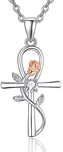 KINGWHYTE Ankh Kreuz Kette Sterling Silber Rose Blume Anhänger Amulett Halskette Ägyptische Schmuck Geschenke für Frauen Mädchen Mutter Freund Freundin