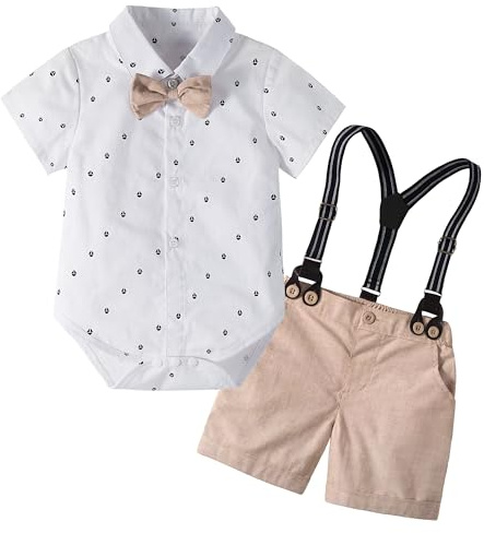 Volunboy Baby Jungen Anzug Set Bekleidung Hemd mit Fliege + Hosenträger Shorts Strampler Anzug