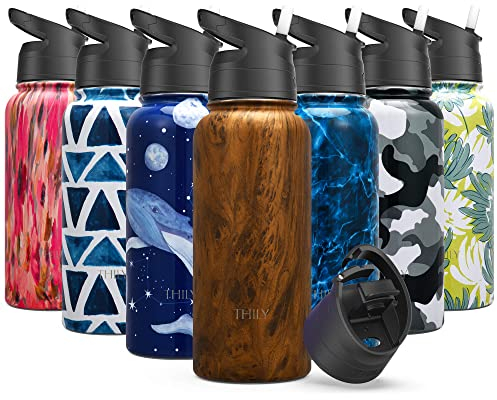Vacuum Insulated Sports Water Bottle - THILY 945 ml Stainless Steel Leakproof Wide Thermo Mug with Flip & Straw Lid, Reusable, BPA Free, for Gym, Travel, Hiking, Original Woodgrain