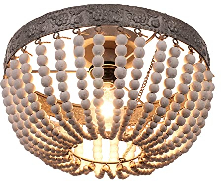 FIRVRE Grauweiß Natürlich Holzperlen Kronleuchter Bohemian Vintage Rustikale Boho Deckenleuchte Bauernhaus E27 Pendelleuchte Licht für Esszimmer Schlafzimmer Flur Treppe KüCheninsel Eingangsbereich