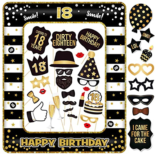 18 Geburtstag Fotobox Accessoires 34 Stück Fotorequisiten und 1 Stück Fotorahmen aufblasbar Foto Booth 18. Geburtstag