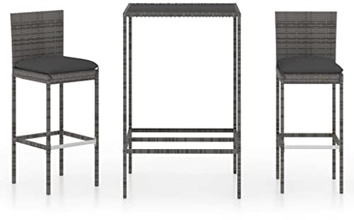 vidaXL Garden Bar Set 3 Piece with Cushions Outdoor Patio Terrace Backyard Furniture Dining Table and Chair Seating Poly Rattan Grey