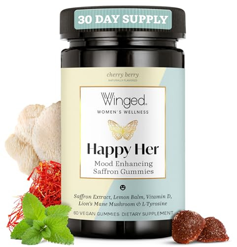 Winged Wellness Happy Her Mood Gummies - Daily Mood Enhancer Support Supplement for Women - Vitamin D with Saffron, Lemon Balm, & Lions Mane Mushrooms for Balance & Calming Relief - 50 Vegan Gummies