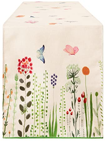 Winotic Tischläufer mit Blumenmuster, Schmetterling, grüne Blätter, cremefarben, für Frühling, Sommer, Esstisch, Dekoration, Küche, Couchtisch, Partys, Heimdekoration, 33 x 274 cm