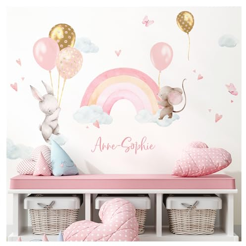 DEKO KINDERZIMMER Wandsticker Tiere Regenbogen mit Name Wandtattoo personalisiert Kinderzimmer Babyzimmer Wandaufkleber Wanddeko DK1104-4