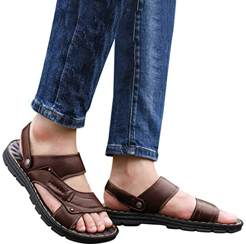 Dinnesis Sandales Homme Cuir éTé Confort Quick Drying Sandales de Marche Homme Cuir Bout DéContractéEs Pantoufles de Bain Nu Pied RandonnéE Mocassins Sandales éTé ExtéRieur Chaussures De Plage