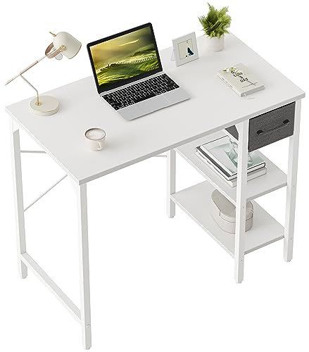 CubiCubi Computer Desk, 90 x 50 cm Small Home Office Desk with Drawer Storage Shelves for Small Space, Writing Study Desk, White