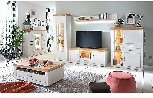 Lomadox Wohnzimmermöbel Komplett Set in Pinie weiß mit Eiche Nb., mit Highboard, Vitrine, TV-Board, Sideboard, Wandregal und rollbaren Couchtisch mit LED Beleuchtung, Landhausstil,
