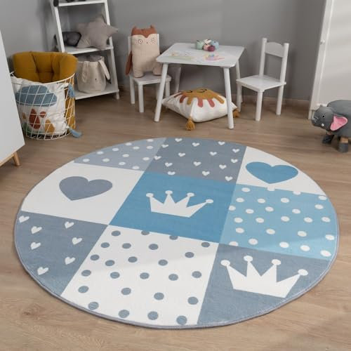 TT Home Kinderzimmerteppich Teppich Junge Mädchen Kinderteppich Baby Herzen Pastell, Farbe:Grau Blau Creme, Größe:120 cm Rund