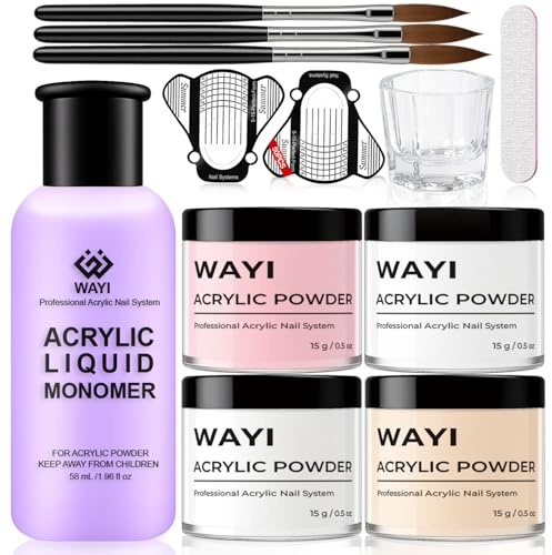 WAYI 9 Pcs Acrylic Nail Art Kit - 4 Acrylic Powder (Pink, White, Transparent, Nude) and Professional Acrylic Monomer with Acrylic Nail Brush and Glass Cup for Princi