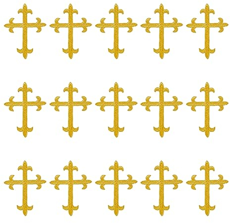 HOBBIESAY 15Pcs Golden Embroidery Cross Patches Iron On Repair Cross Embroidered Patch Vintage Gold Cross Applique Decorative Sew On Patches Appliques for DIY Jackets Hats Bags