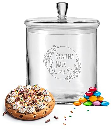 LALALO Leonardo Keksdose mit Gravur als Hochzeit Geschenk, Keksglas/Bonbonglas personalisiert als Hochzeitsgeschenk, Vorratsdose für Paare zum Hochzeitstag als Geldgeschenk (Ewigkeitszweig)