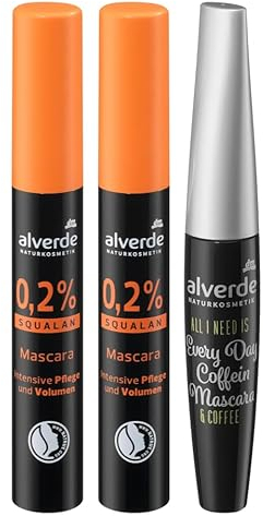 Alverde Naturkosmetik 3er-Set Wimperntusche: 2 x Mascara 0,2% SQUALAN voluminöses Wimperngefühl (2 x 9 ml) + Mascara EVERY DAY COFFEIN regeneriert, pflegt, stärkt mit wertvollen Ölen (12 ml), 30 ml