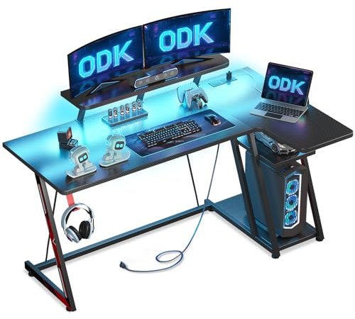 ODK Gaming Desk with LED Lights & Power Outlets, 140CM Computer Desk with Monitor Stand, Corner Desk with Hook & Storage, L Shaped Gaming Desk Carbon Fiber Black