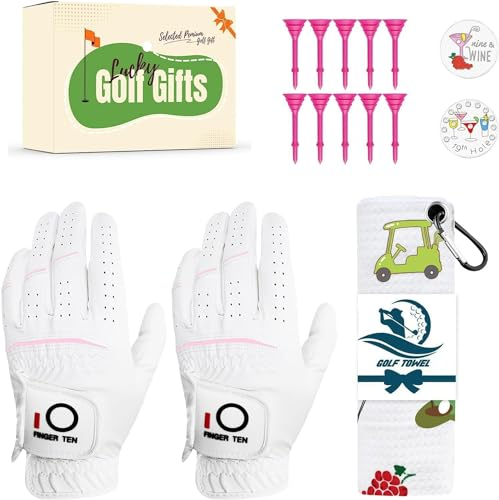 LOVMEAD Damen Golf Handschuh Linke Hand Zubehör Atmungsaktiv Cool und Bequem 2-Pack mit Geschenkbox, Golf Handschuhe Frauen und Golf Handtuch Tees Ball Marker (Rosa, M)